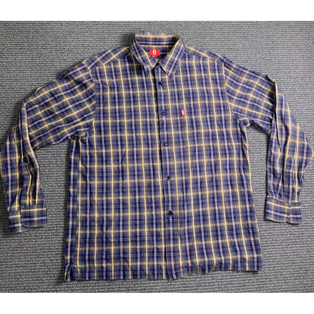 Vintage Guess Jeans Plaid Long Sleeve Button Up Shirt Blue Yellow White Mens L